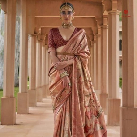 DIGNUM Other - Flamingo Pink Floral Printed Linen Silk Saree